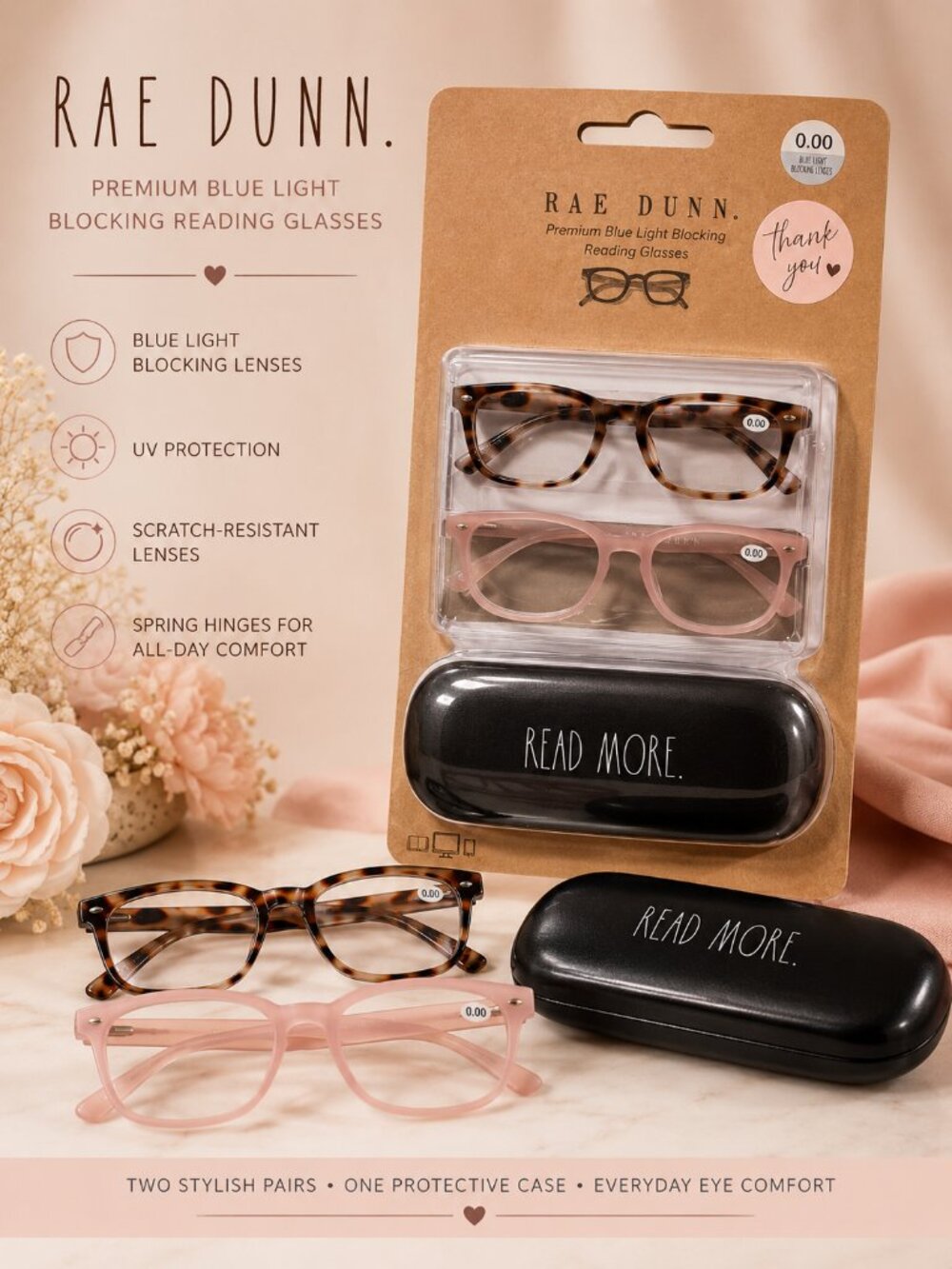 Rae Dunn Blue Light Blocking Glasses 2 Pair Pink Tortoise + Case 0.00 NWT